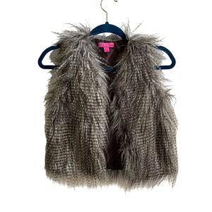 t/o Faux Fur Vest‎ Girls 7/8 Brown Grey Shaggy Boho Glam Sleeveless Jacket